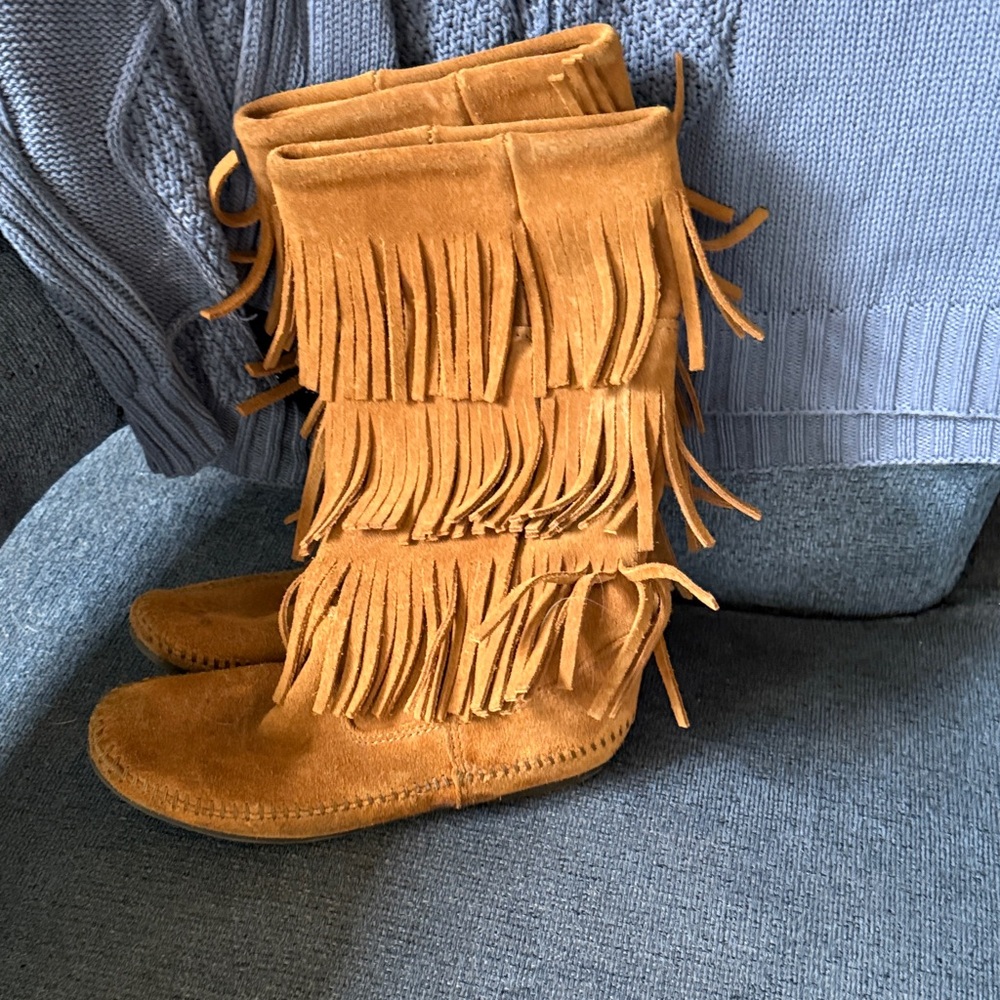 Minnetonka Mustard Moccasin Boots with Fringe